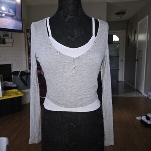 Layered Ribbed Long-Sleeve Top with Contrast Inner Panel - Light Gray